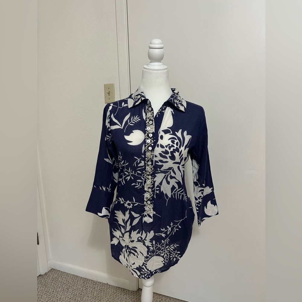Soft Surroundings Blue Le Jardin Tunic, Cover Up Caftan Embellished Bead…